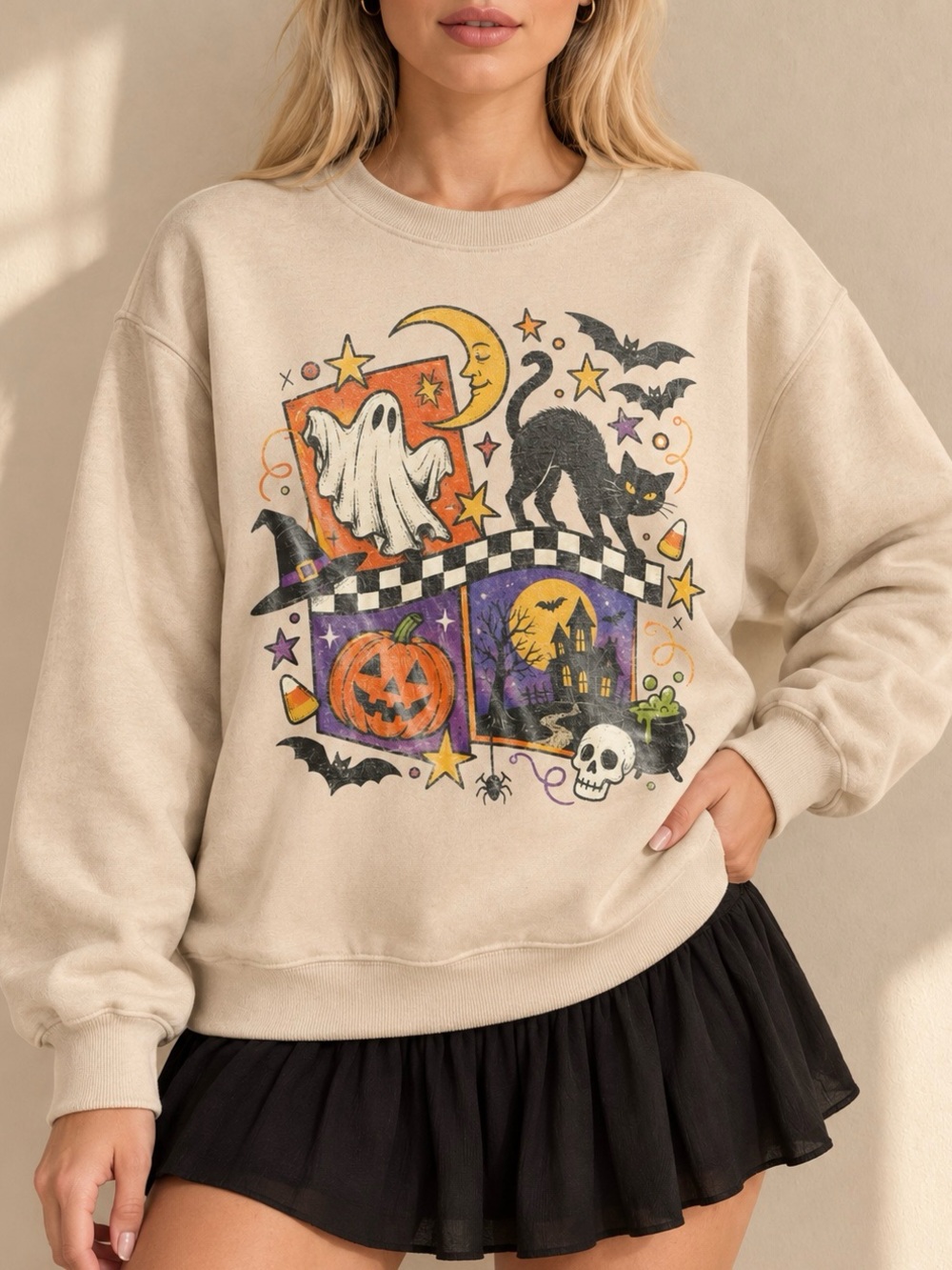 Halloween Ghost Black Cat Pumpkin Spooky Aesthetic Beige Gildan Sweatshirt